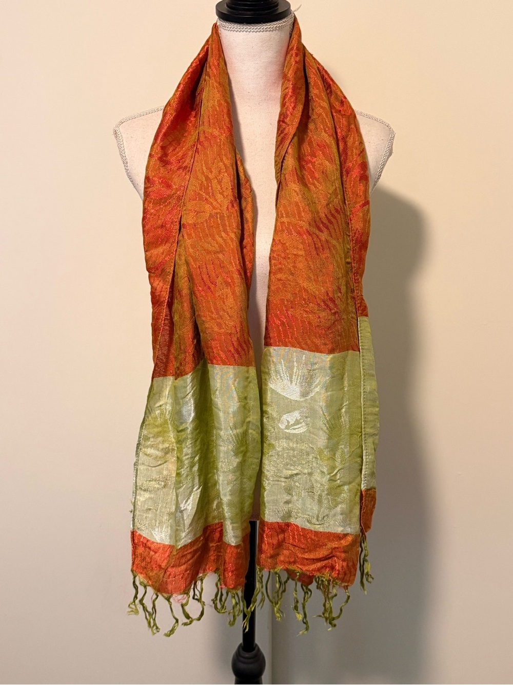 Orange and green scarf with tassels